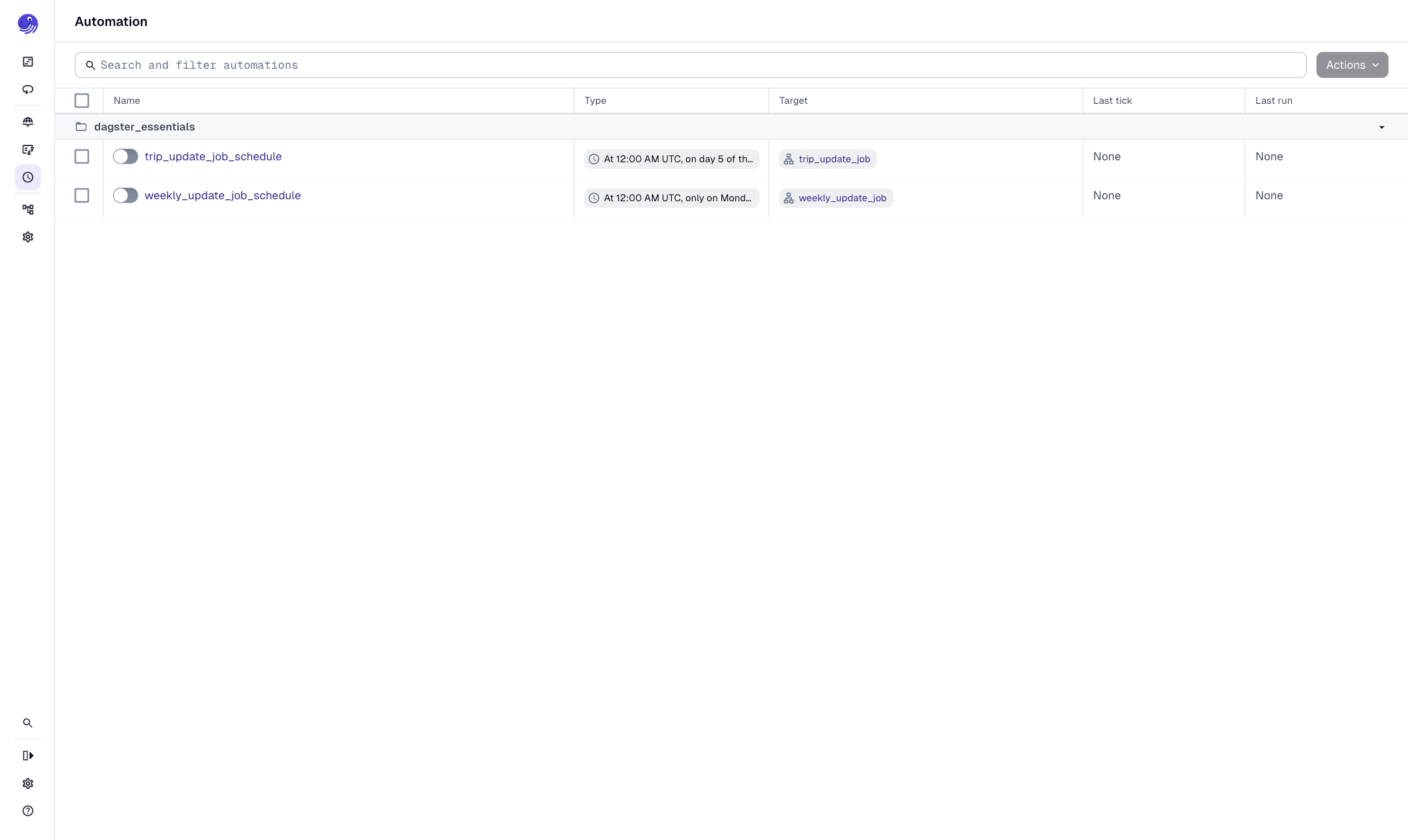 The Jobs tab in the Dagster UI