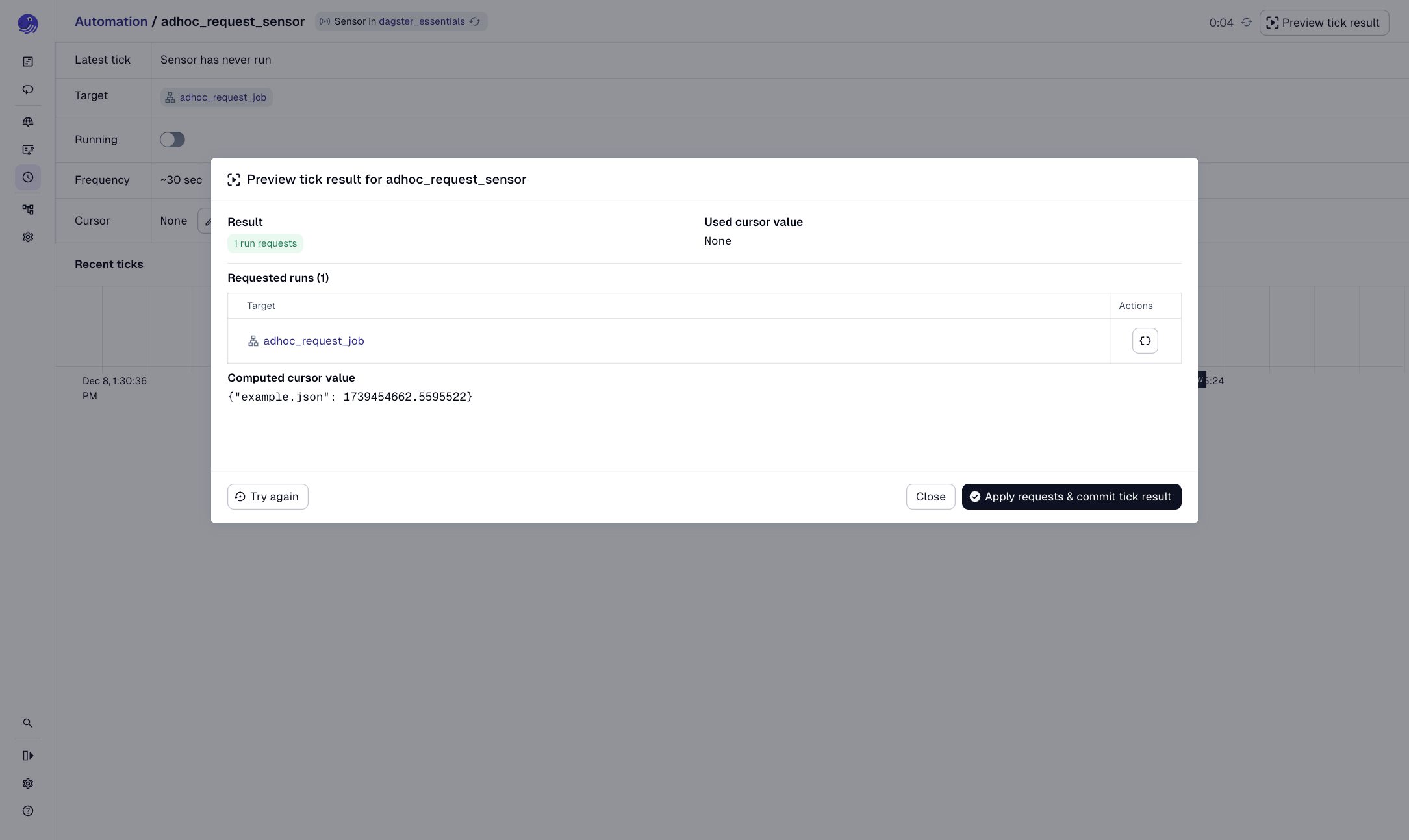 The Test Sensor dialog in the Dagster UI